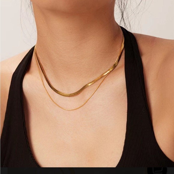 18K Gold Filled Double Layer Herringbone Necklace, Double Layer Choker Necklace - Picture 3 of 4